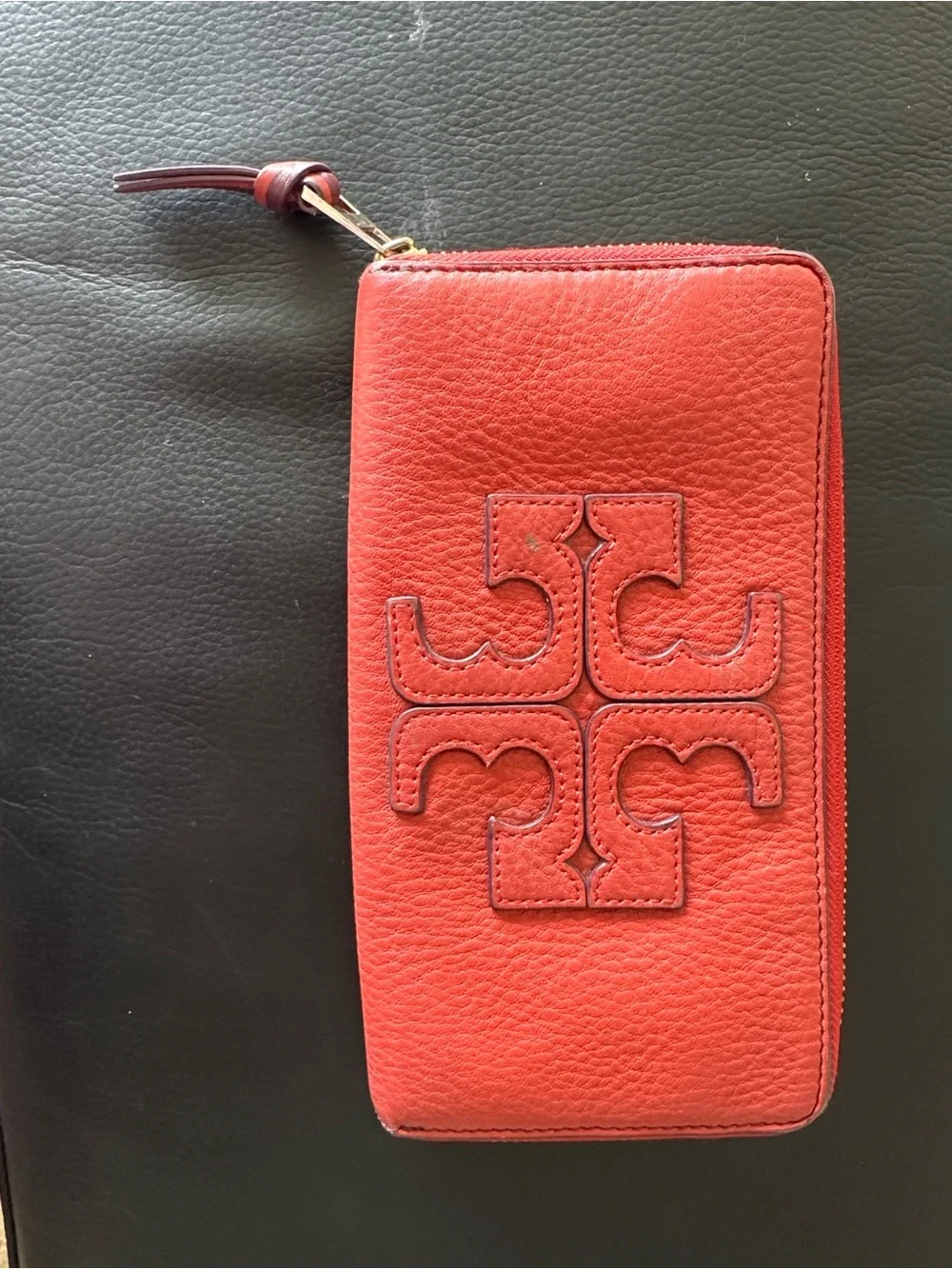 Tory Burch Red Pebbled Leather Zip Wallet with Logo